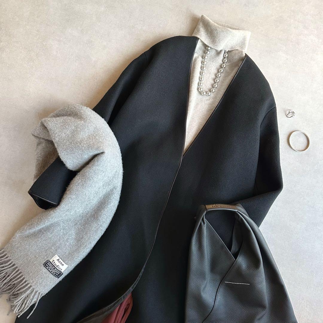 美品▲定価9.7万円▲ATON エイトン//ノーカラーウールメルトンコート 黒