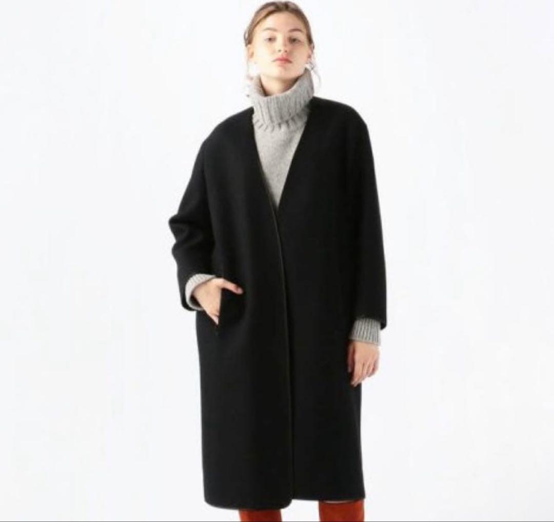 美品▲定価9.7万円▲ATON エイトン//ノーカラーウールメルトンコート 黒