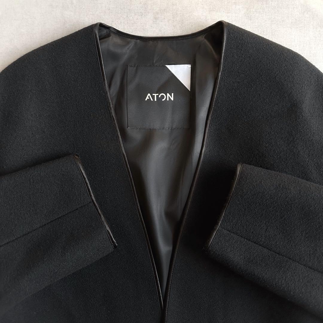 美品▲定価9.7万円▲ATON エイトン//ノーカラーウールメルトンコート 黒