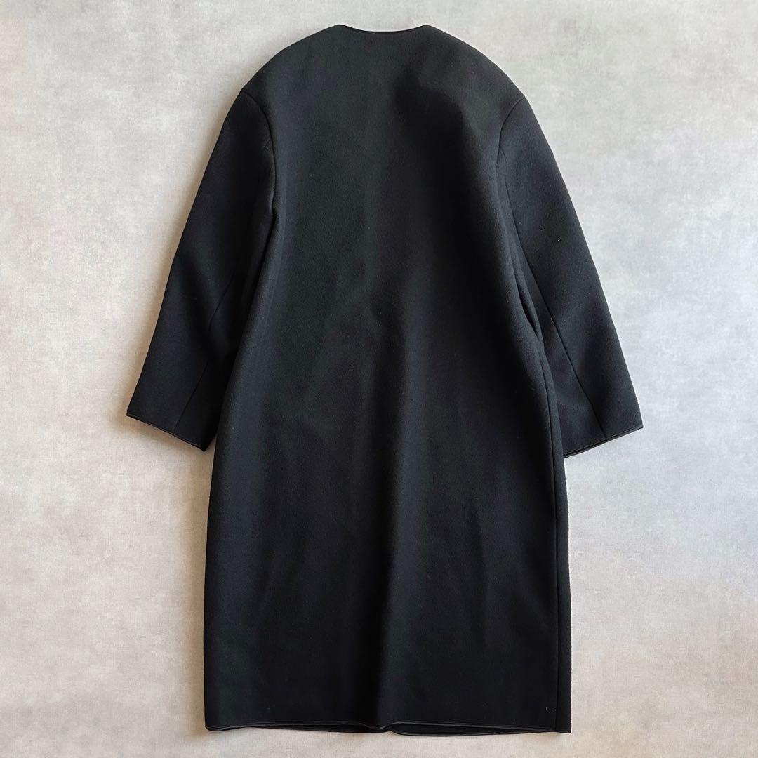 美品▲定価9.7万円▲ATON エイトン//ノーカラーウールメルトンコート 黒