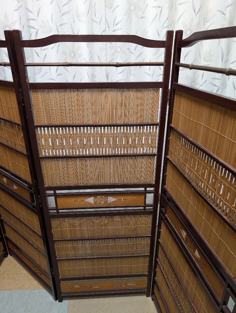 古家具　パーテーション 　　屏風　衝立　4連　竹　木製