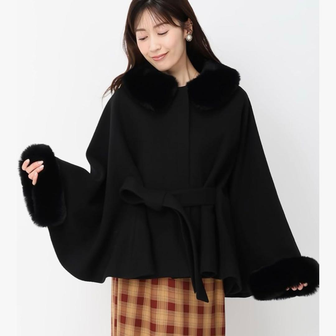 極美品 ミッシュマッシュ ケープコート アウター ポンチョ ベルト ファー 黒