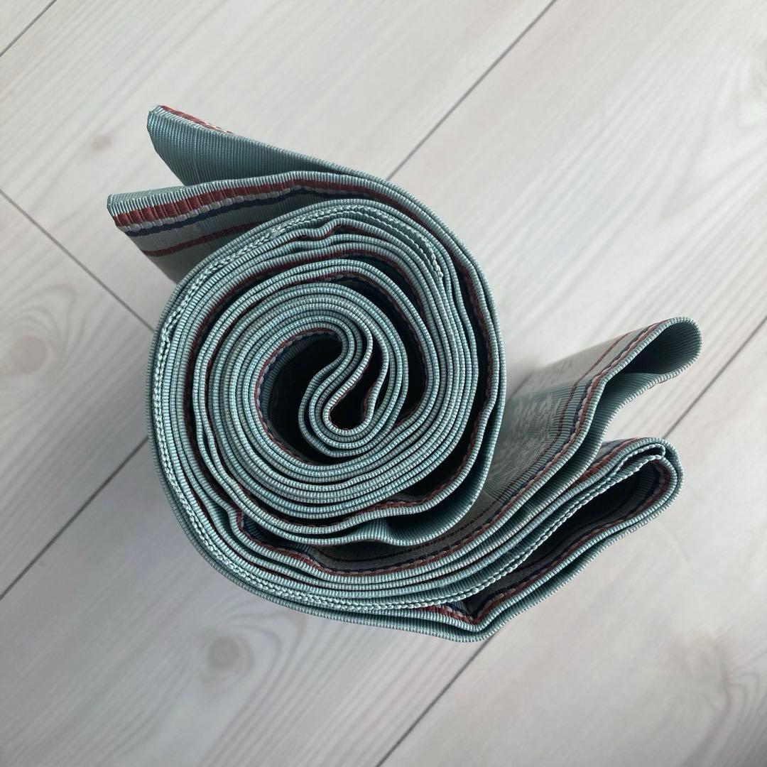 本場筑前博多織　半幅帯　ブルーグレー　織り出し花模様・縞模様　正絹　No2.22