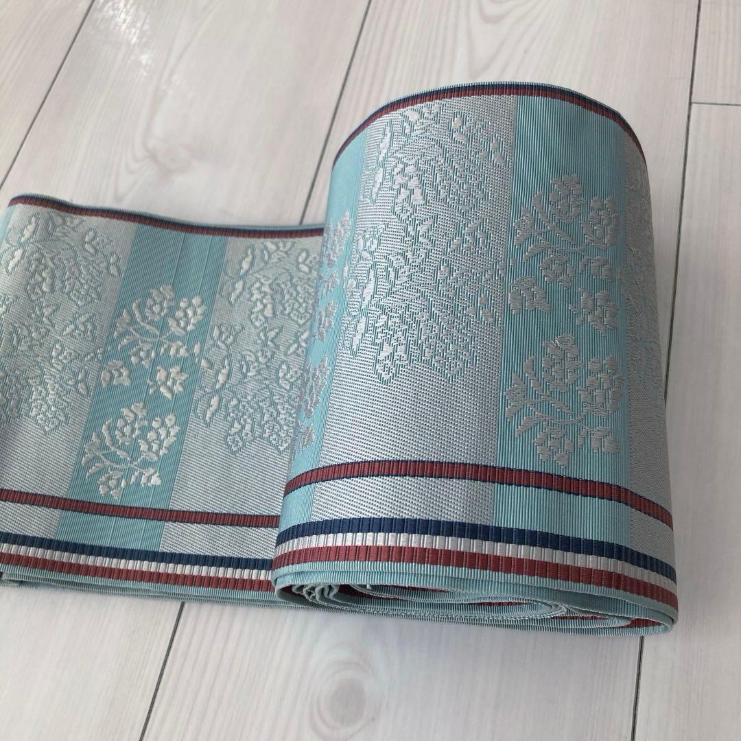 本場筑前博多織　半幅帯　ブルーグレー　織り出し花模様・縞模様　正絹　No2.22