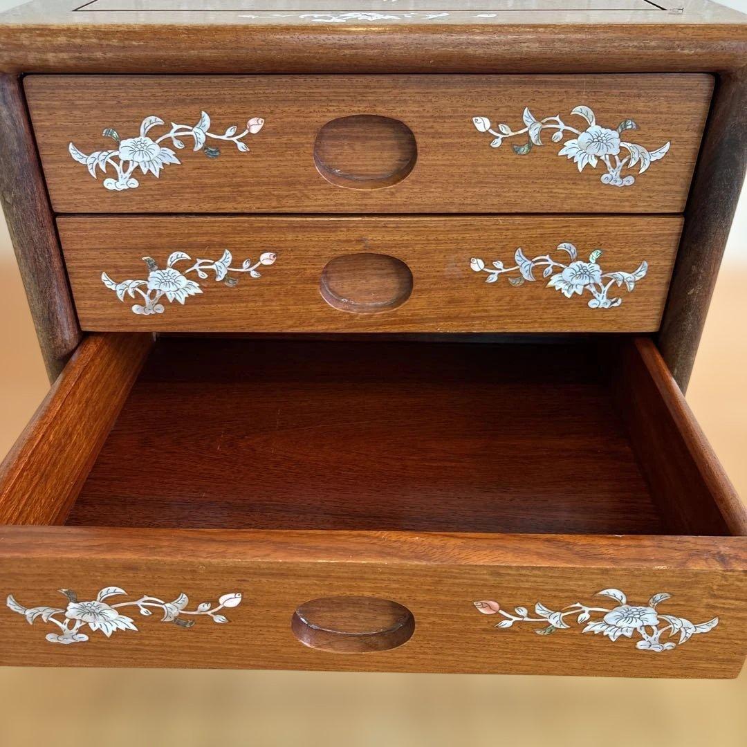 天然木 唐木 本花梨 総無垢 螺鈿 卓上チェスト 薬箪笥 3段収納