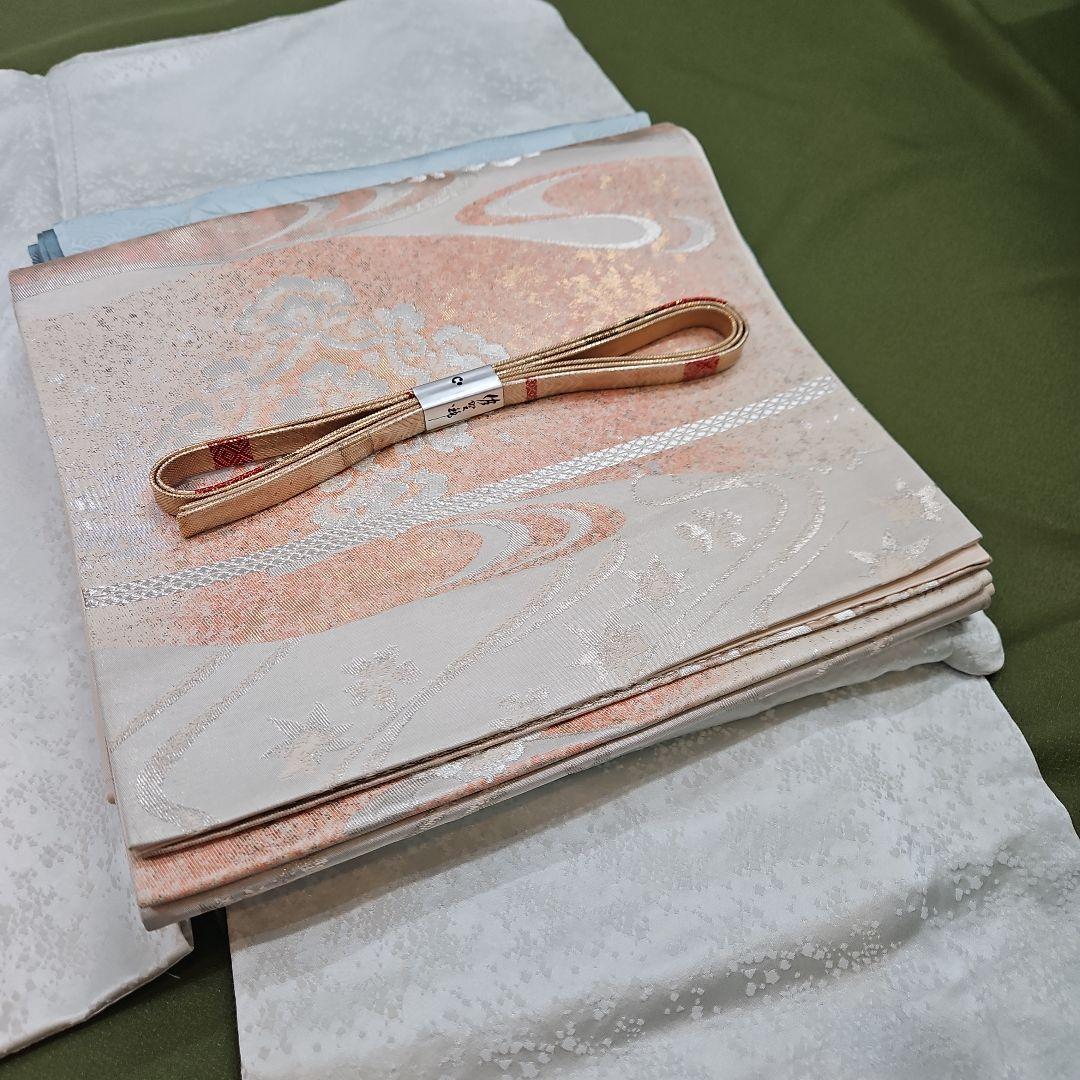 付け下げ訪問着フルセット 絞り　三越　袋帯　銀糸