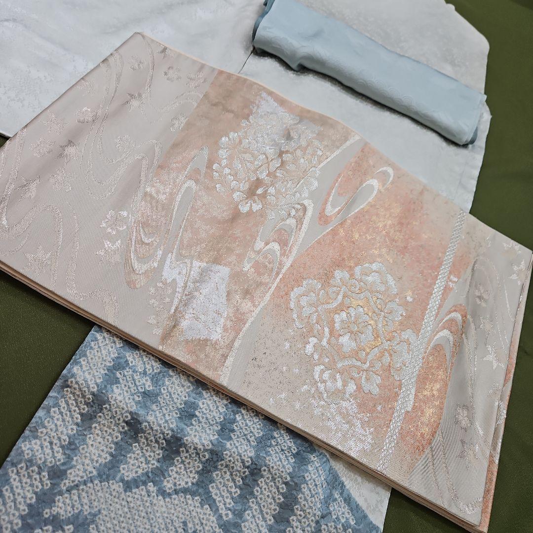 付け下げ訪問着フルセット 絞り　三越　袋帯　銀糸