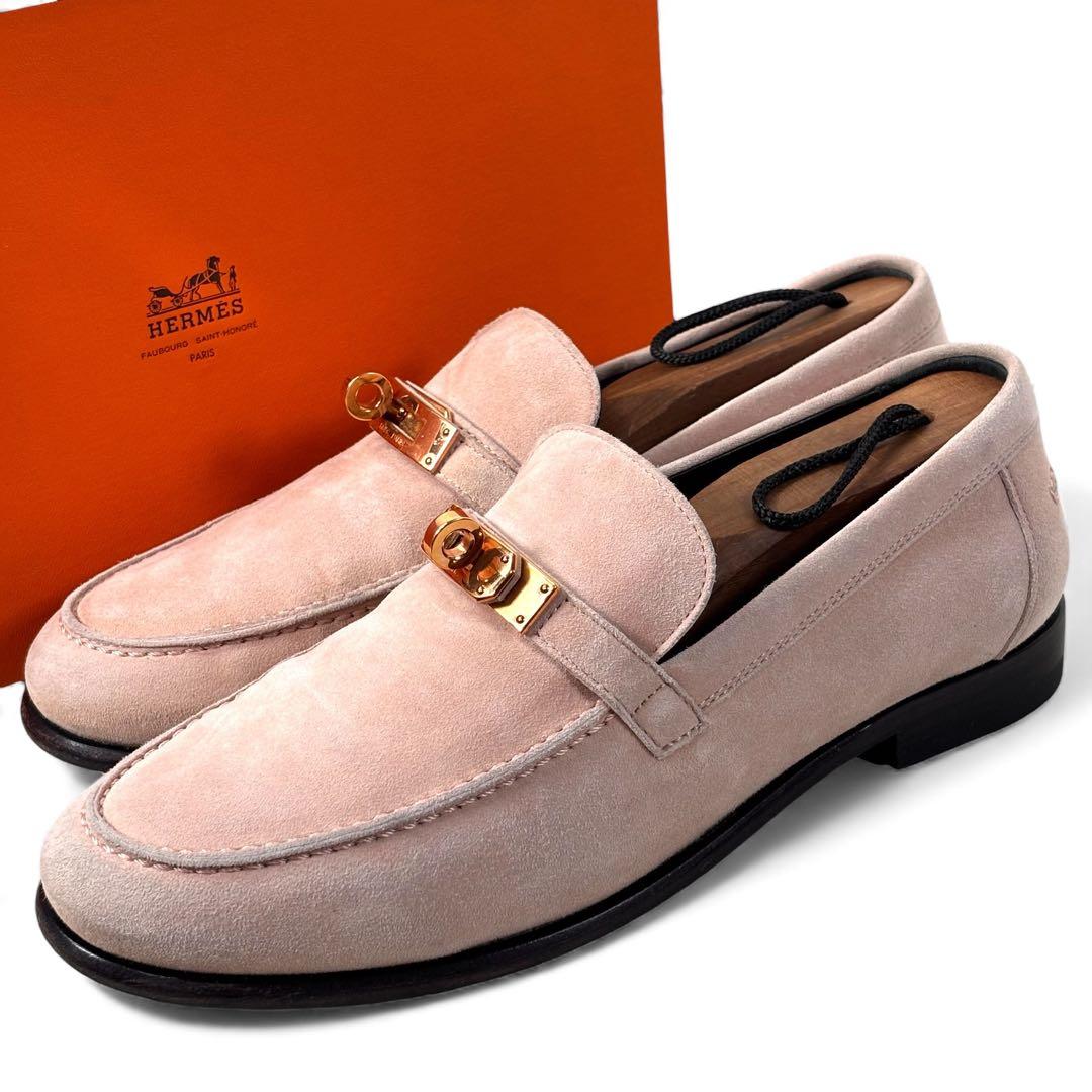 エルメス 36 23 ケリー金具 ローファー スエード ピンク ベージュ