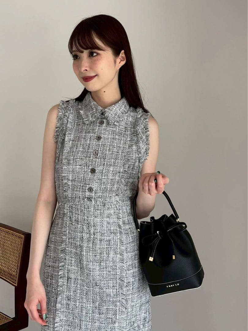 FRAY I.D フリンジデザインツイードポロワンピース ノースリーブ グレー