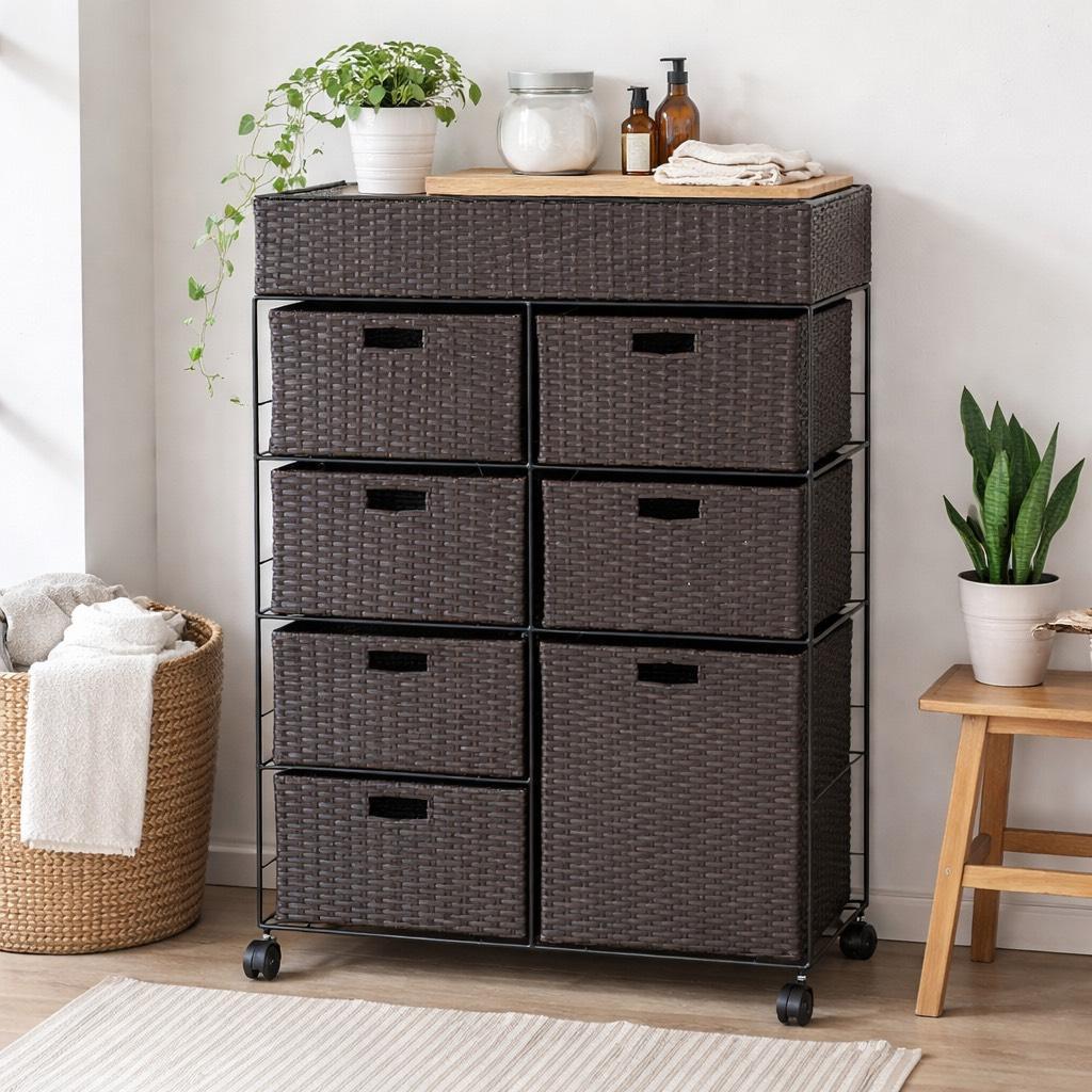 フォロー割【新品】ランドリーチェスト　ラタン調 4段7杯 キャスター付