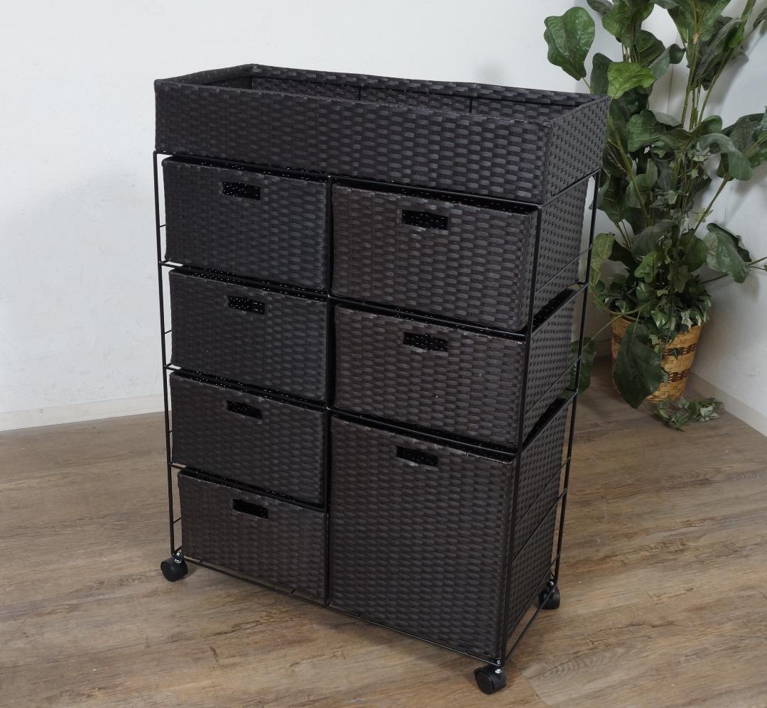 フォロー割【新品】ランドリーチェスト　ラタン調 4段7杯 キャスター付