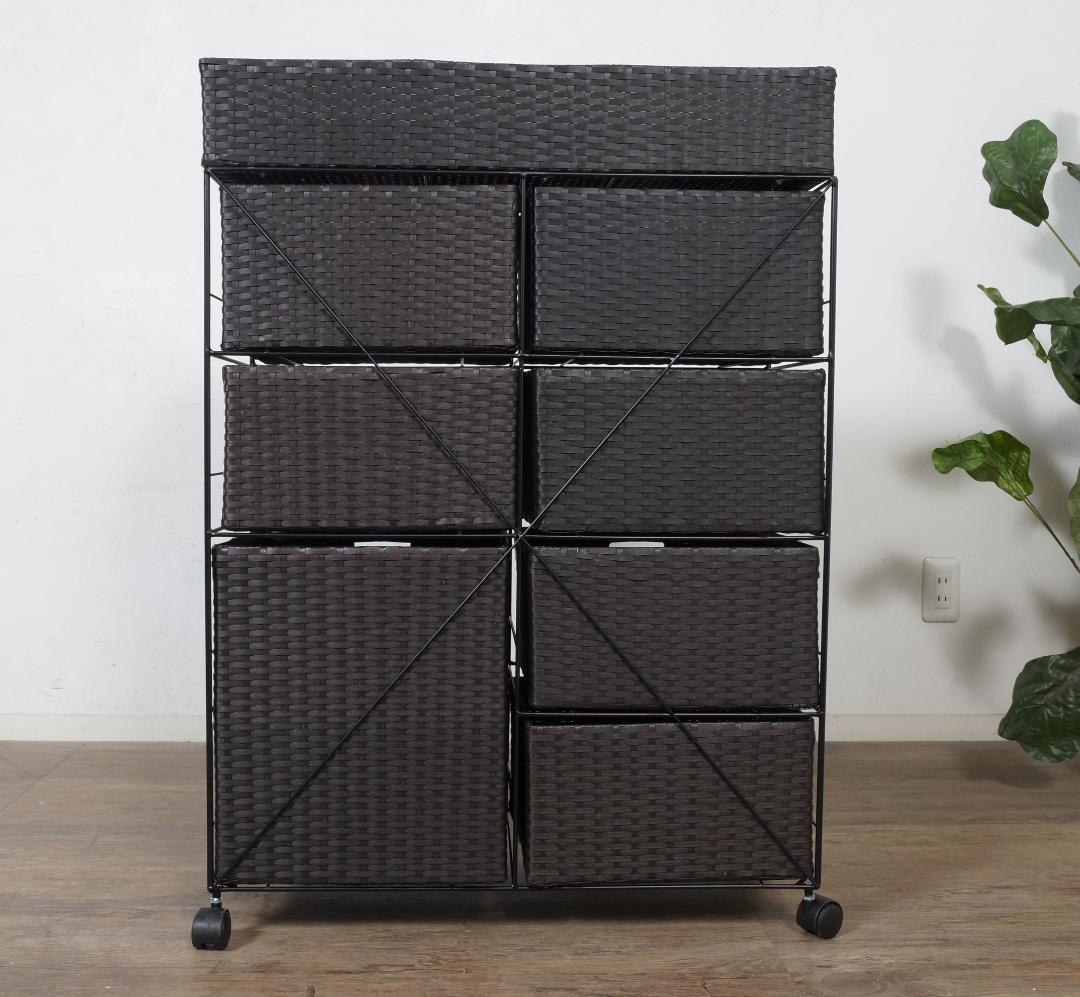 フォロー割【新品】ランドリーチェスト　ラタン調 4段7杯 キャスター付