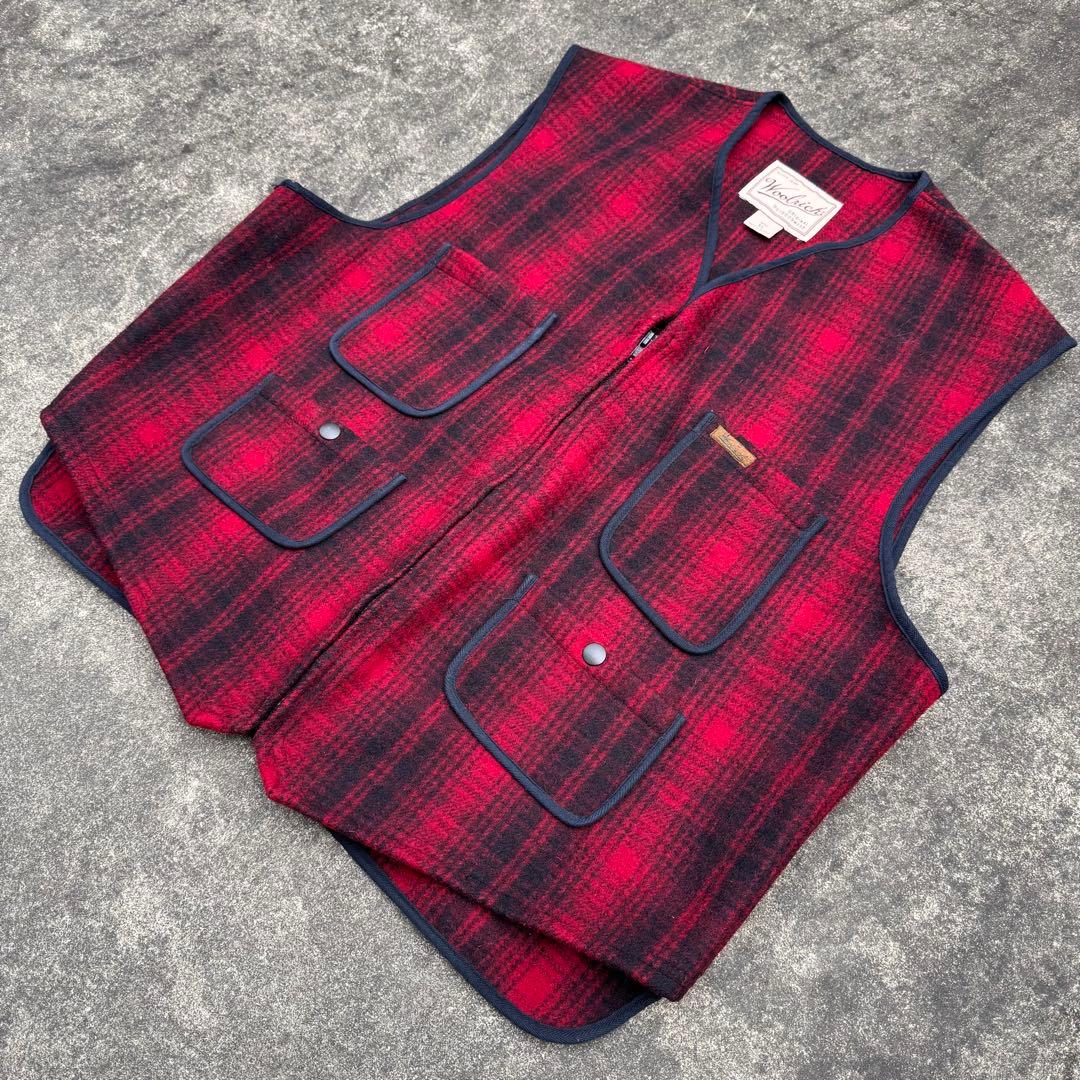ウールリッチ 90's ウールベスト シャドーチェック 赤 黒 XL 肉厚 極暖