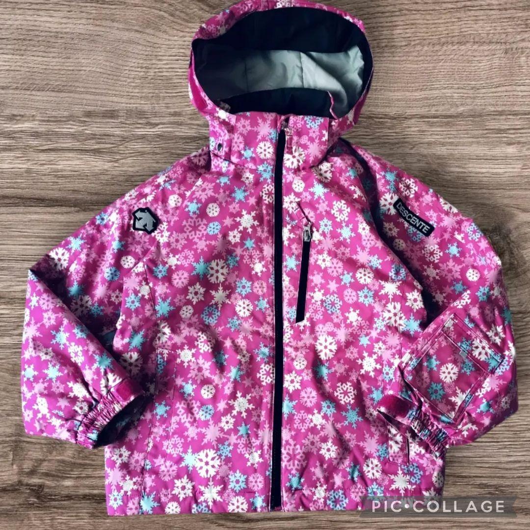 【美品】デサント スキーウェアガールズ 上下 140 ピンク×ブラック 結晶柄