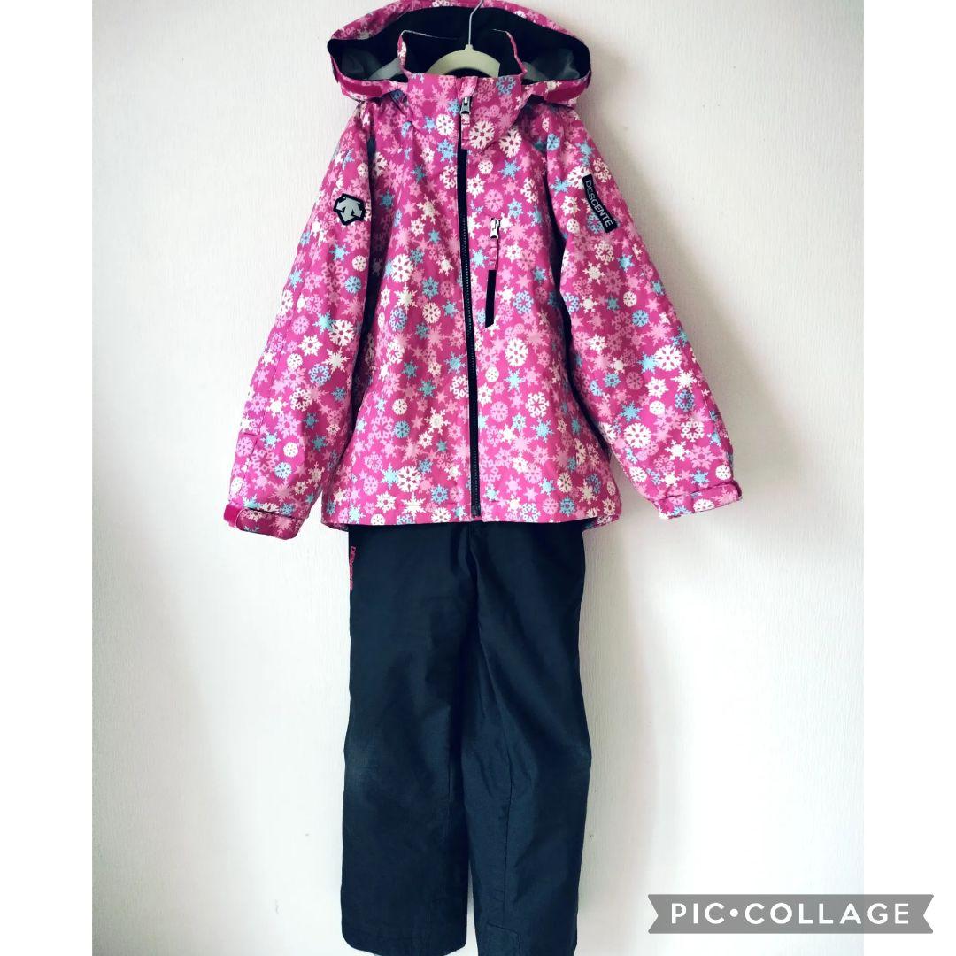 【美品】デサント スキーウェアガールズ 上下 140 ピンク×ブラック 結晶柄