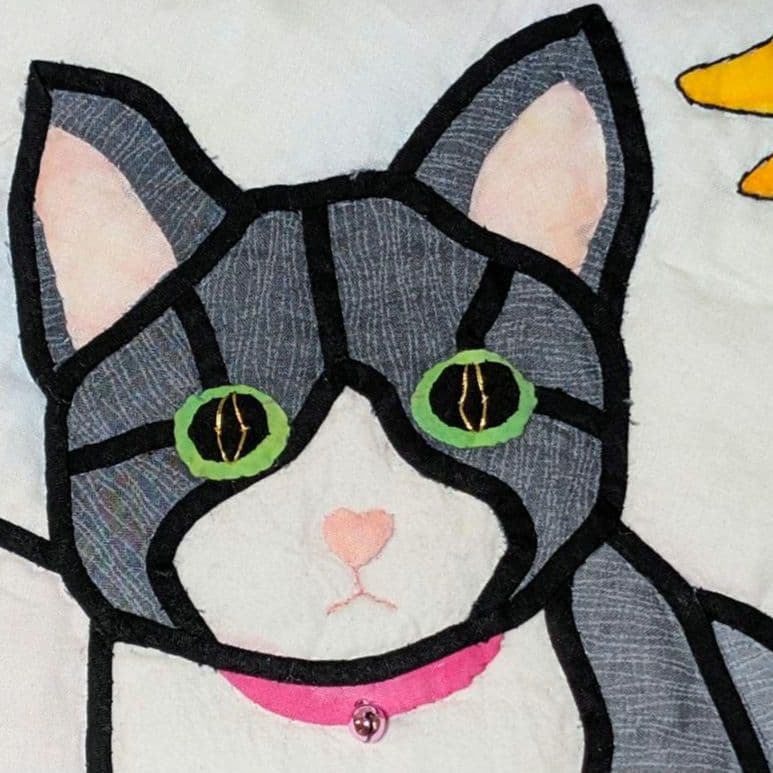 ハンドメイド ステンドグラスキルトタペストリー　猫とひまわり