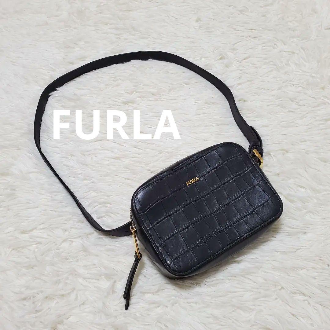 ■未使用に近い フルラ クロコ ウエストバッグ ボディバッグ レザー ブラック