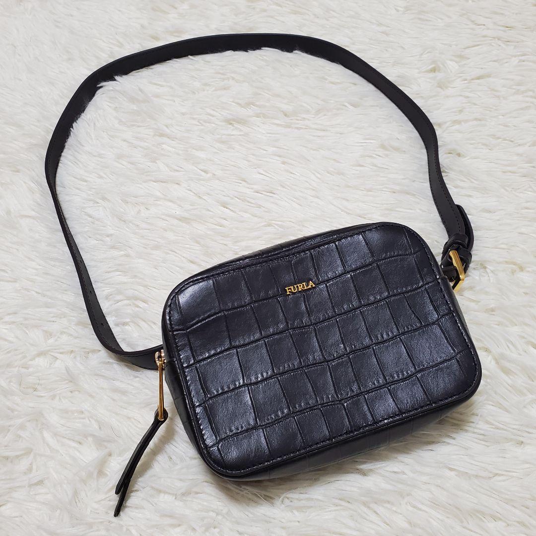 ■未使用に近い フルラ クロコ ウエストバッグ ボディバッグ レザー ブラック