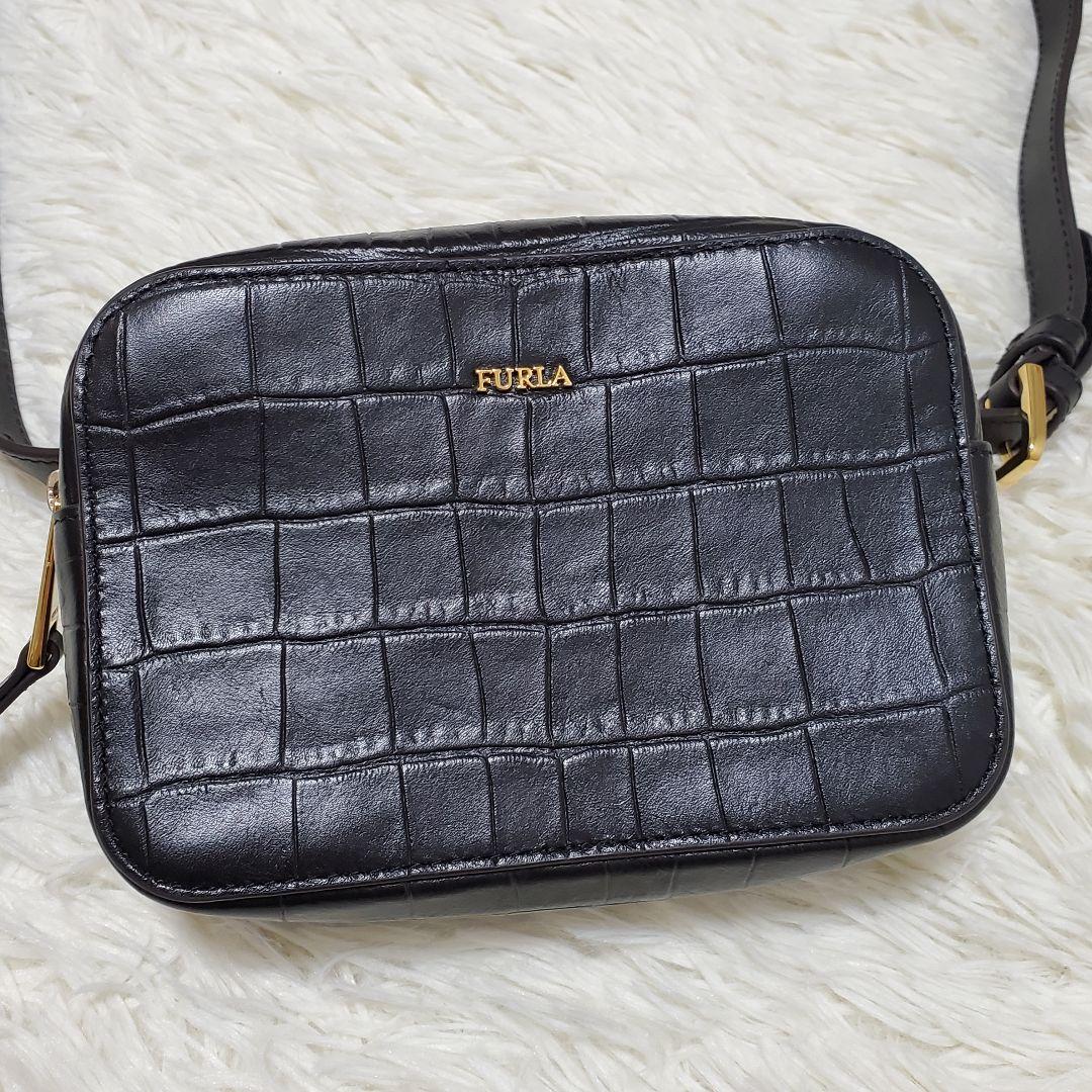 ■未使用に近い フルラ クロコ ウエストバッグ ボディバッグ レザー ブラック
