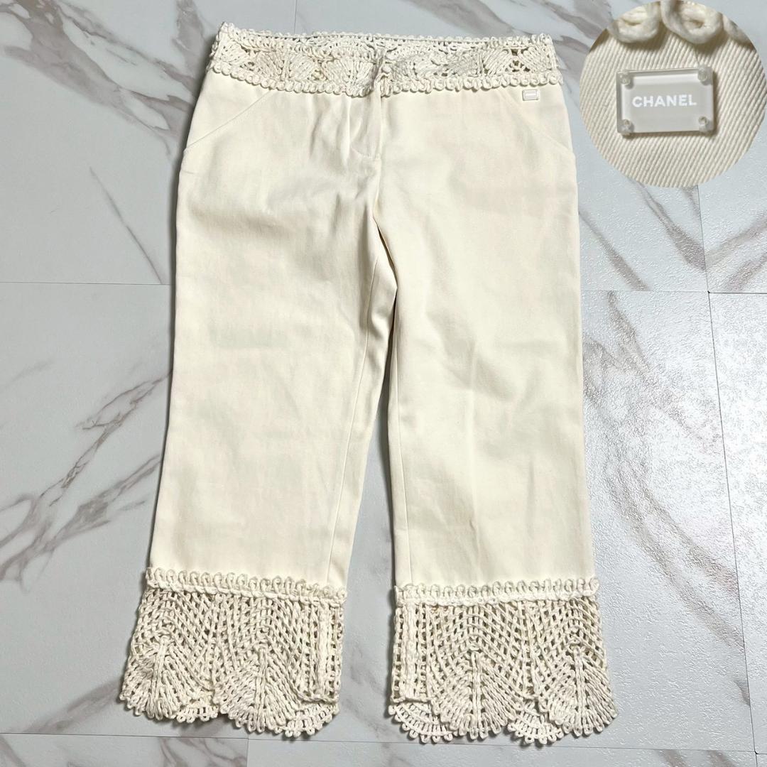 希少・美品　05春　シャネル　ニットレース切替　クロップドパンツ　ロゴプレート