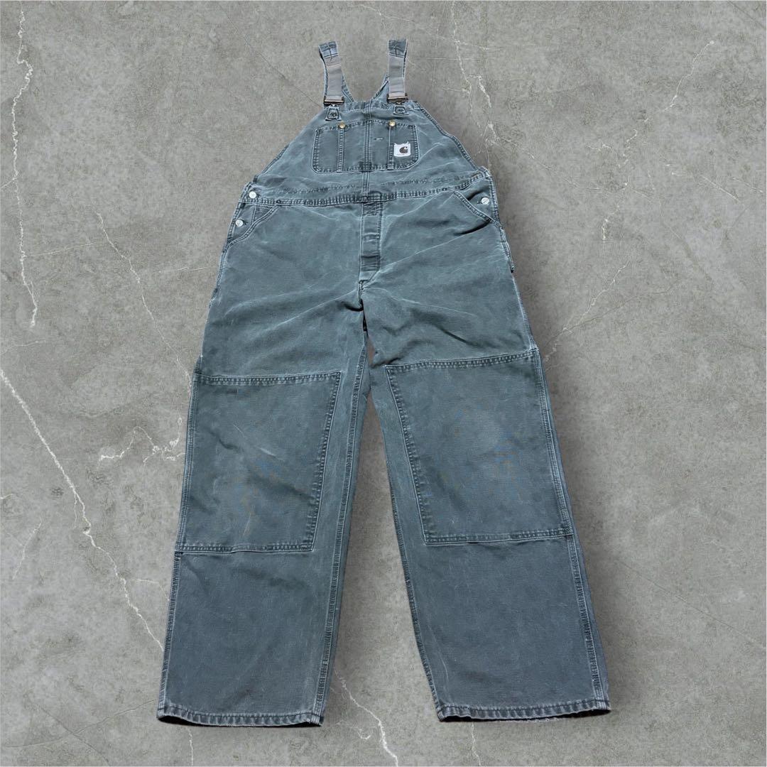 カーハートダブルニーオーバーオールダック地モスグリーンビッグシルエット