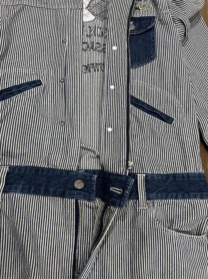 ＊バンソン VANSON バック刺繍 ヒッコリー つなぎ オールインワン XXL