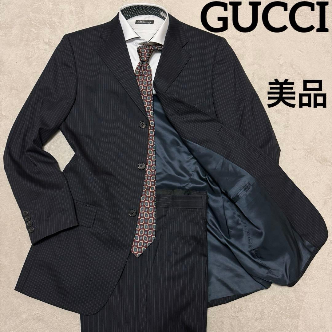 美品　グッチ　スーツセットアップ　ストライプ　黒　M位