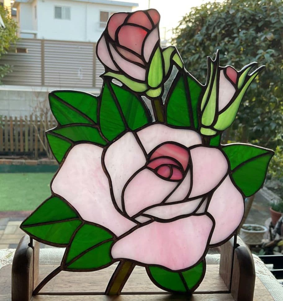 ステンドグラスパネル　バラ(ピンク)