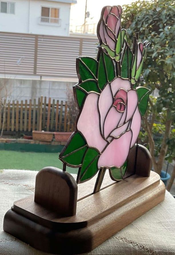 ステンドグラスパネル　バラ(ピンク)