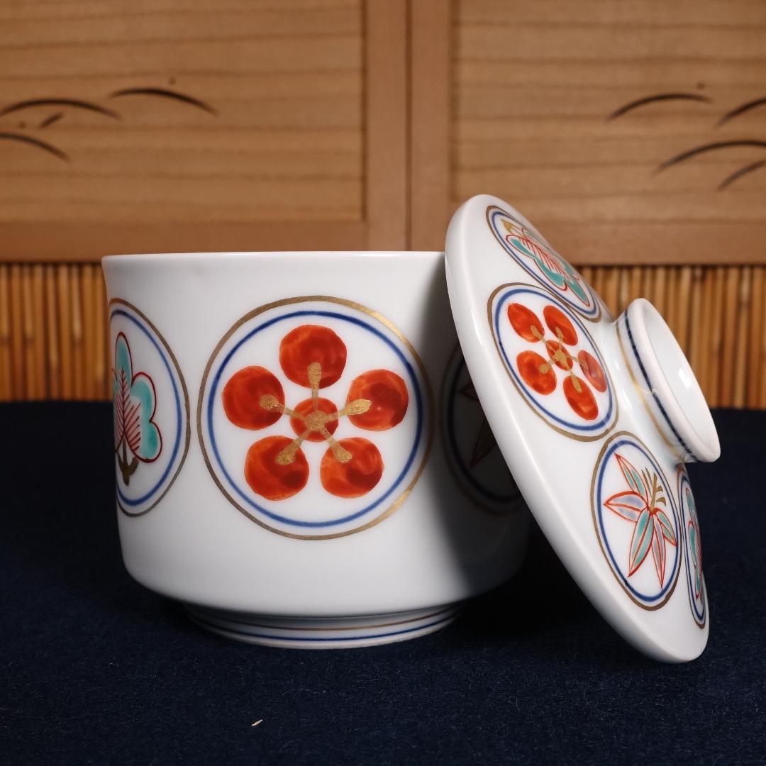 京焼 名工 宮永東山 赤絵松竹梅文 蓋茶碗 5客 共箱