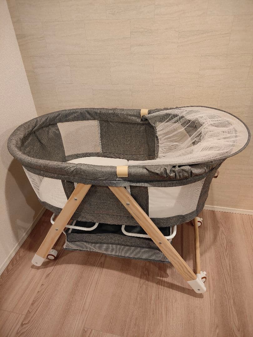 【美品】折り畳みミニベビーベッド グレー