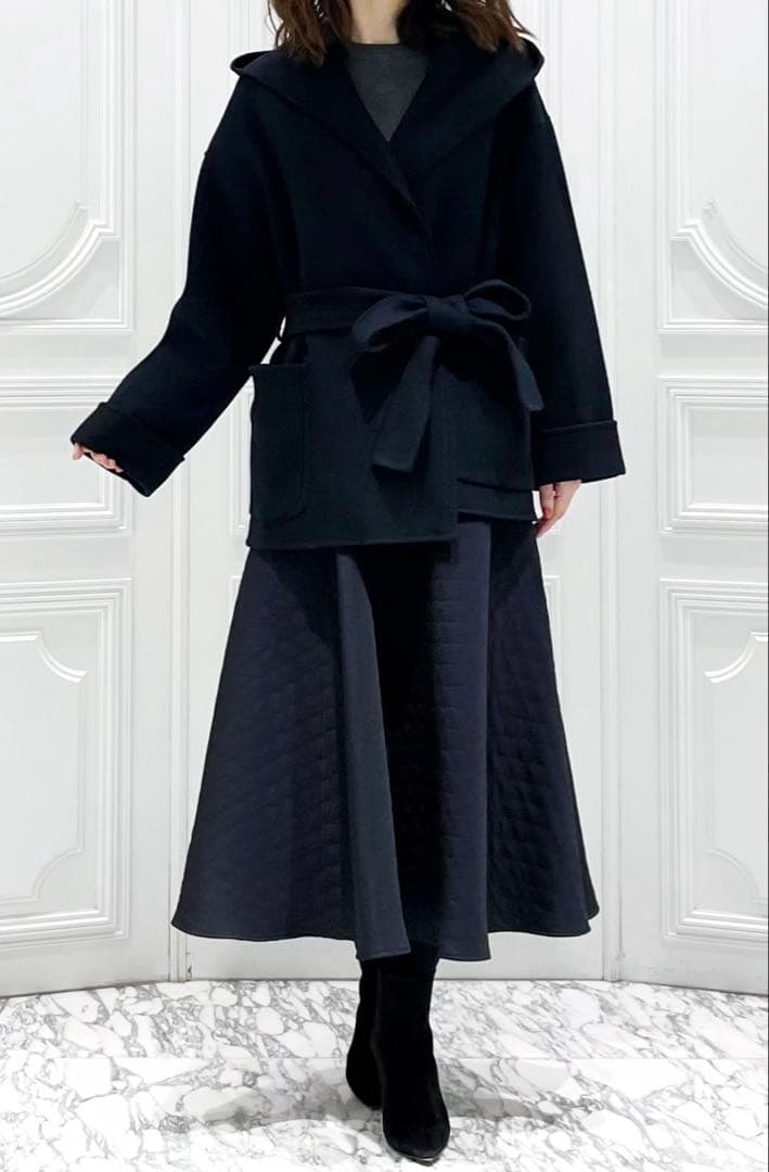 M-premierBLACK ウールベルテッドフーディコート