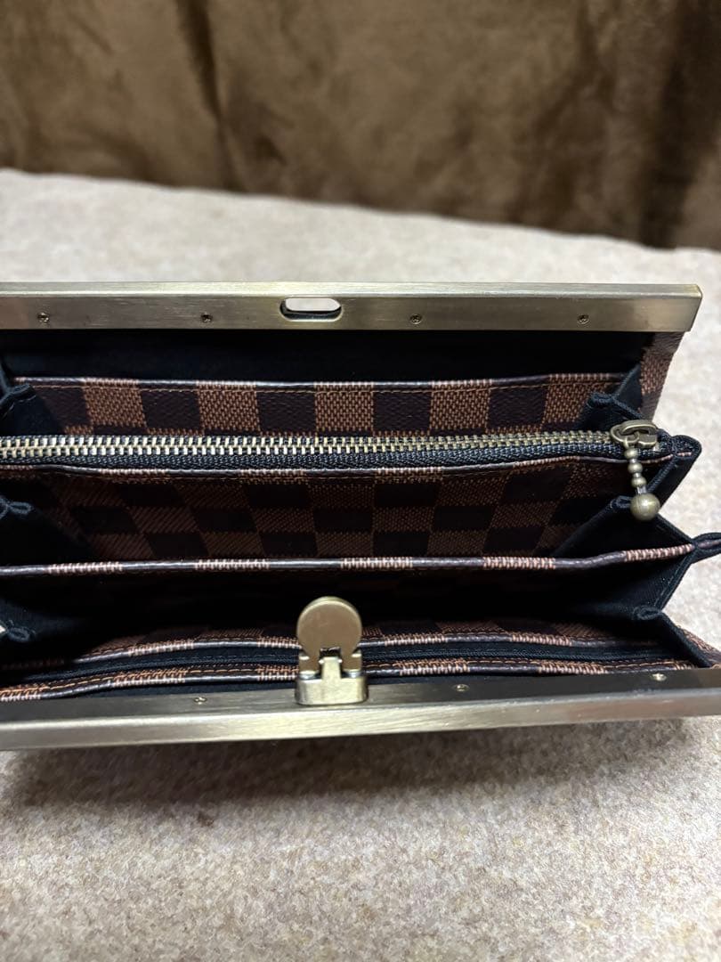 ゆら様 大きめ口金30cmデニムリメイクがま口バッグ 市松ブラウン がま口長財布