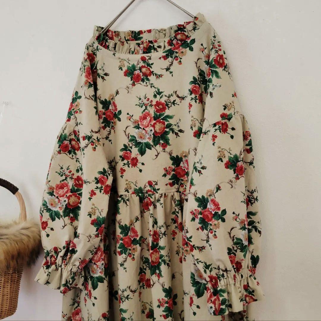 handmade綿麻ワンピースfreeYUWA花柄 長袖