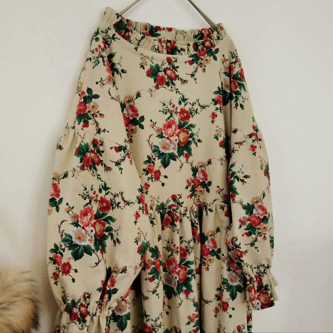 handmade綿麻ワンピースfreeYUWA花柄 長袖