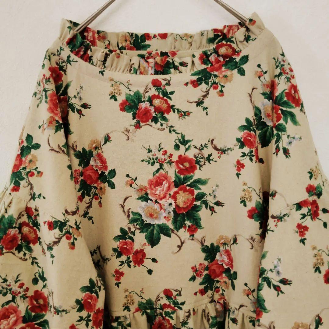 handmade綿麻ワンピースfreeYUWA花柄 長袖