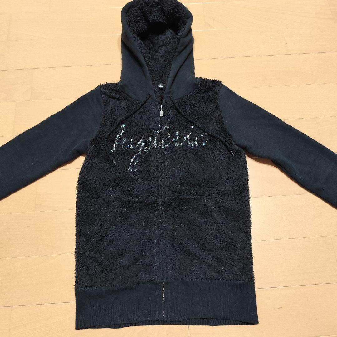 ヒステリックグラマー スカル刺繍 モコモコパーカー ブラック F