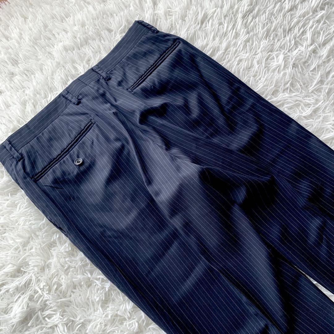 【極美品】バーバリーロンドン 高級 シルク混 ストライプ スーツ L ネイビー