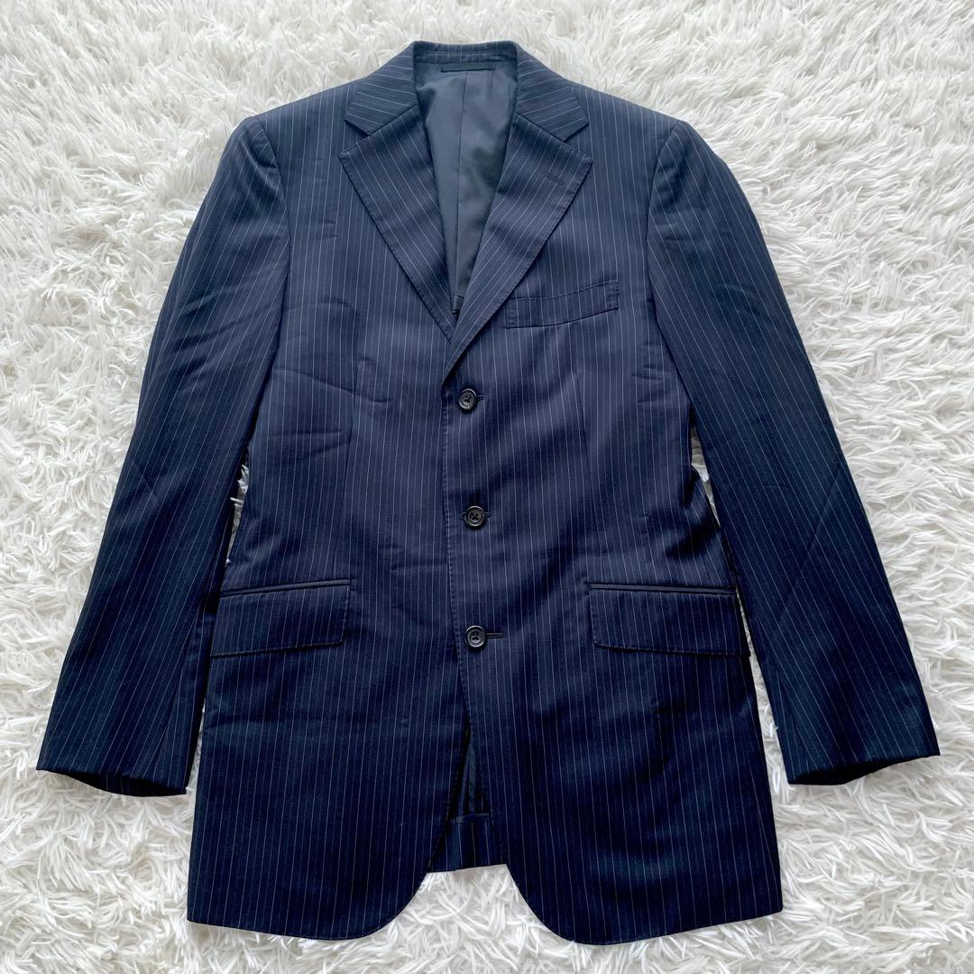 【極美品】バーバリーロンドン 高級 シルク混 ストライプ スーツ L ネイビー