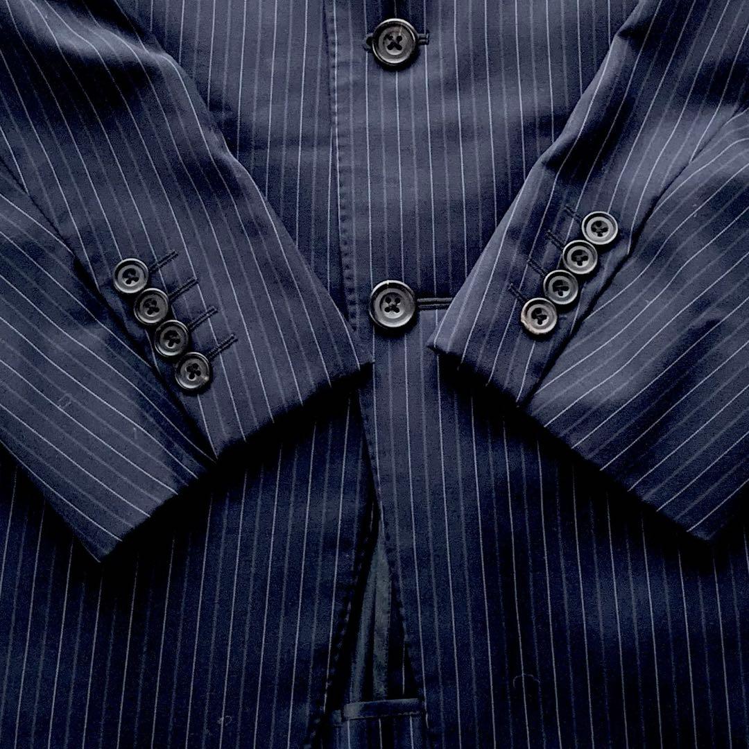 【極美品】バーバリーロンドン 高級 シルク混 ストライプ スーツ L ネイビー