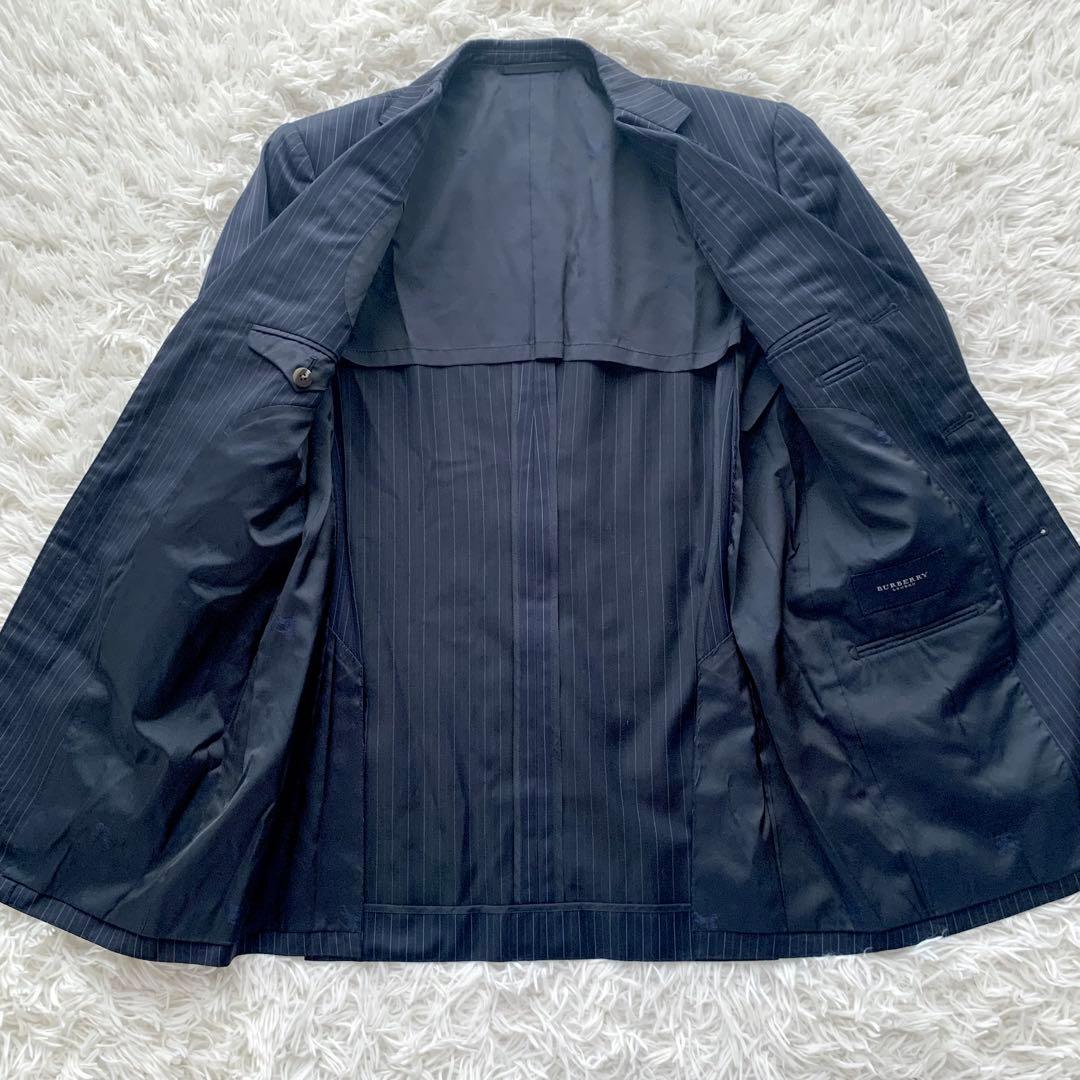 【極美品】バーバリーロンドン 高級 シルク混 ストライプ スーツ L ネイビー