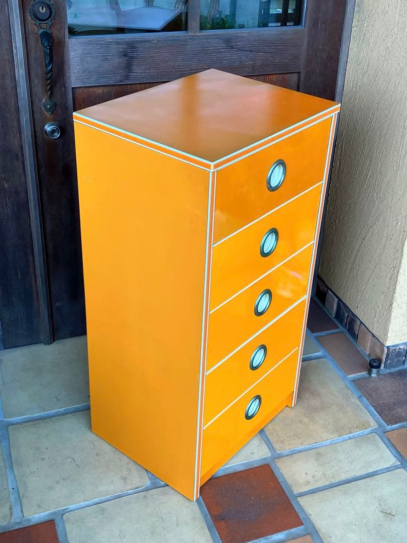 昭和レトロ オレンジ色 引き出し収納 チェスト 箪笥5段 レトロポップ 当時物