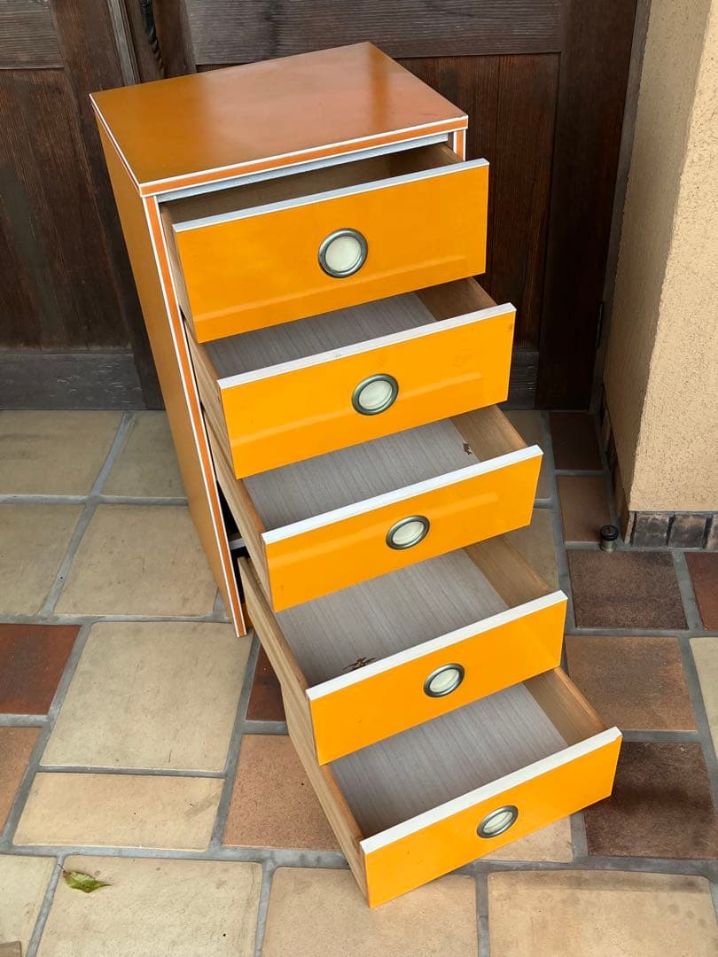 昭和レトロ オレンジ色 引き出し収納 チェスト 箪笥5段 レトロポップ 当時物