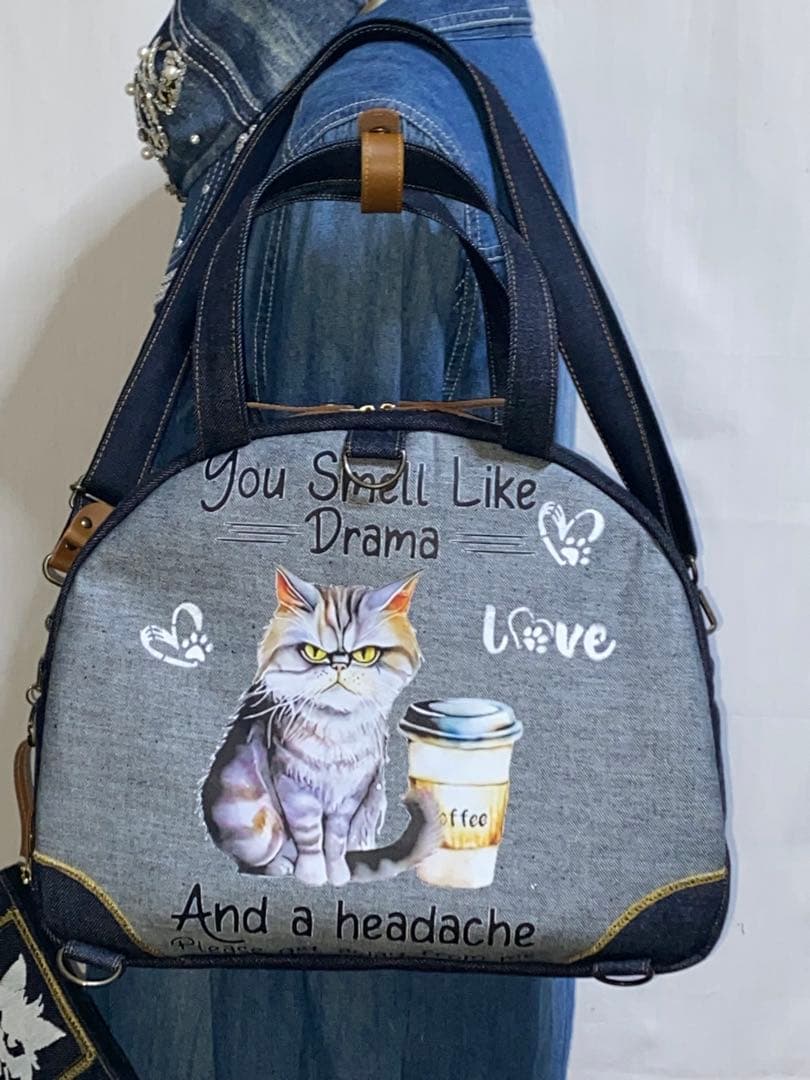 歳末セール☆岡山デニム☆トラ猫☆ステンシル☆扇型☆4wayボストンバッグ