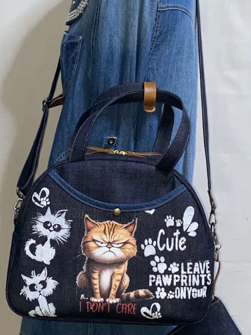 歳末セール☆岡山デニム☆トラ猫☆ステンシル☆扇型☆4wayボストンバッグ