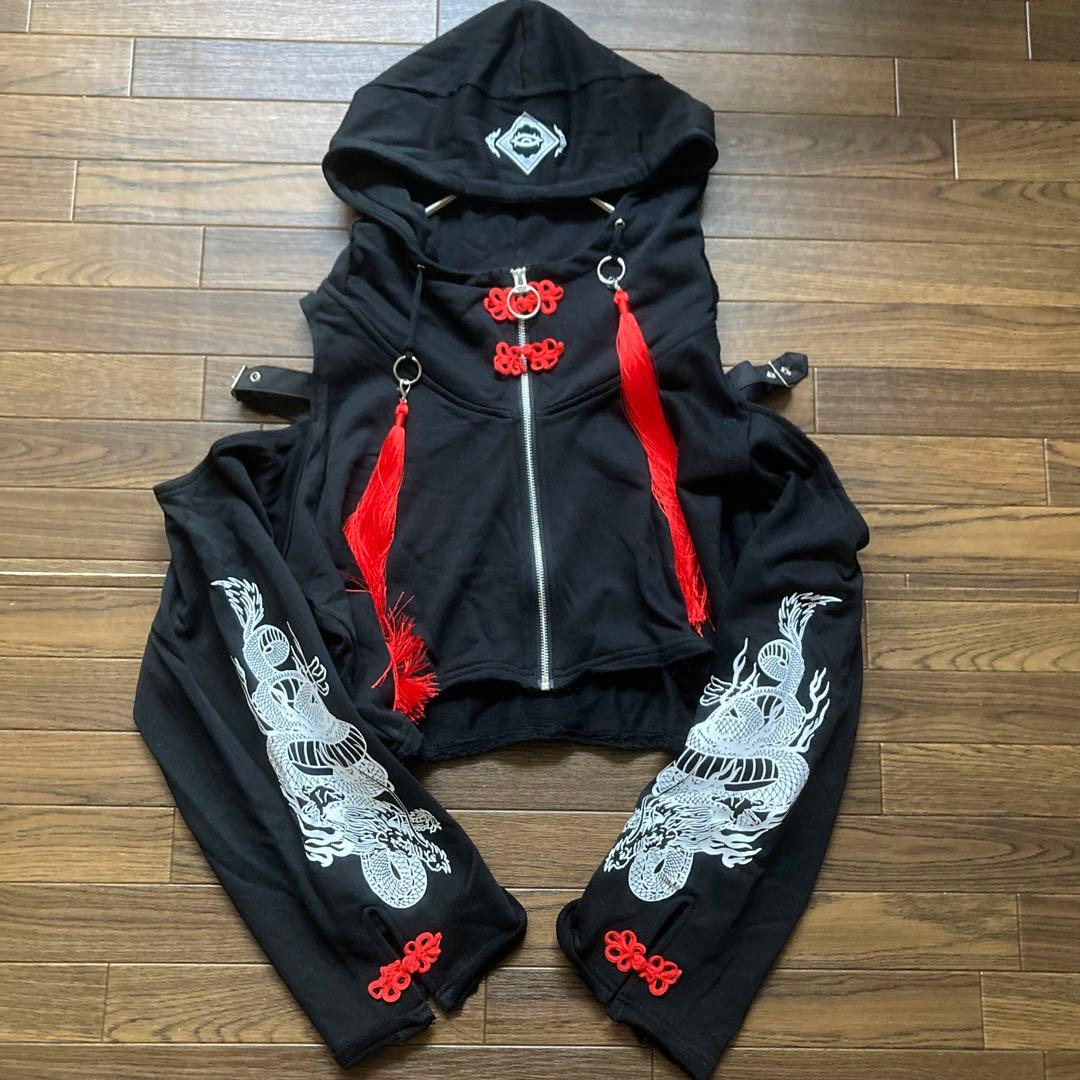 REFLEM レフレム クロップドチャイナパーカー ブラックレッド