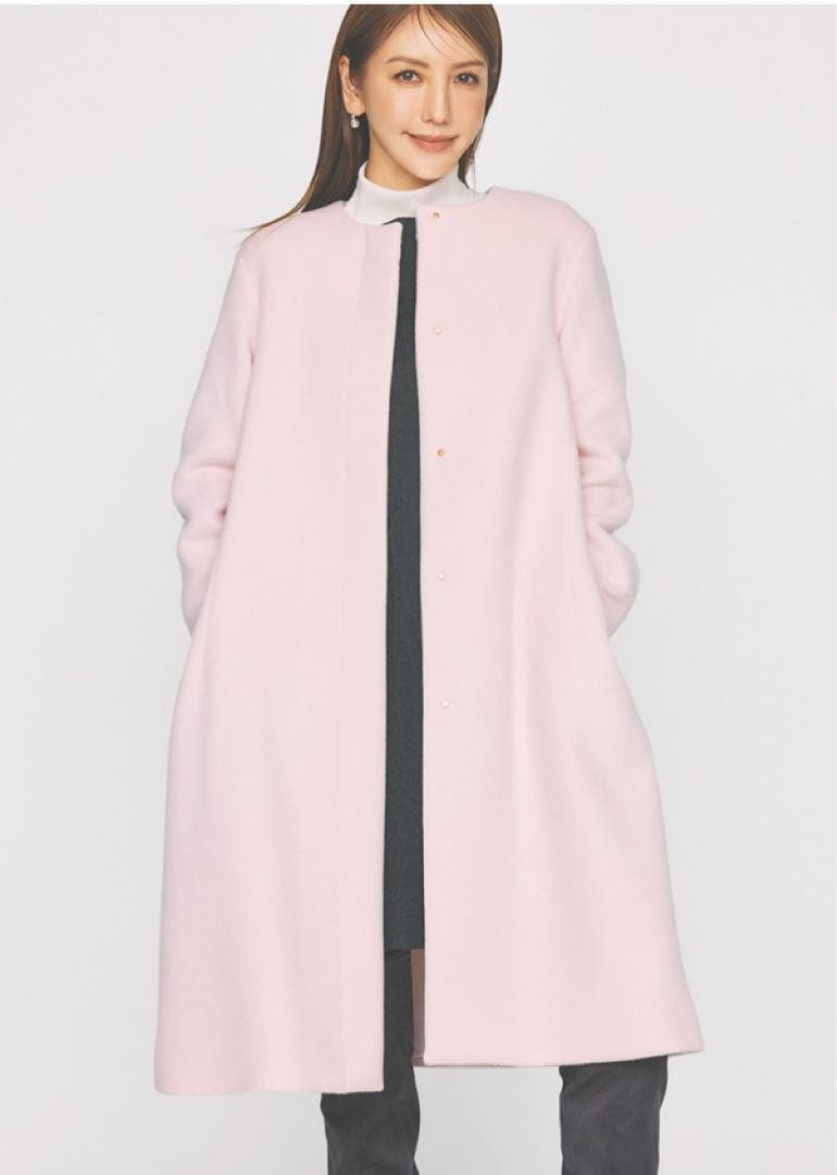 美品 セルフォード バックタック カシミヤ混ノーカラーコート ロング