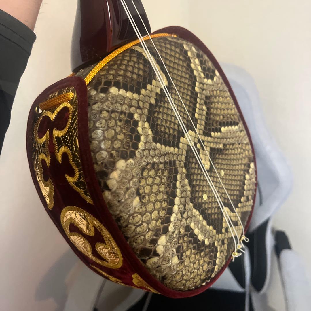 【美品】三味線本体 赤茶色 蛇皮付属品あり　ケース付き！