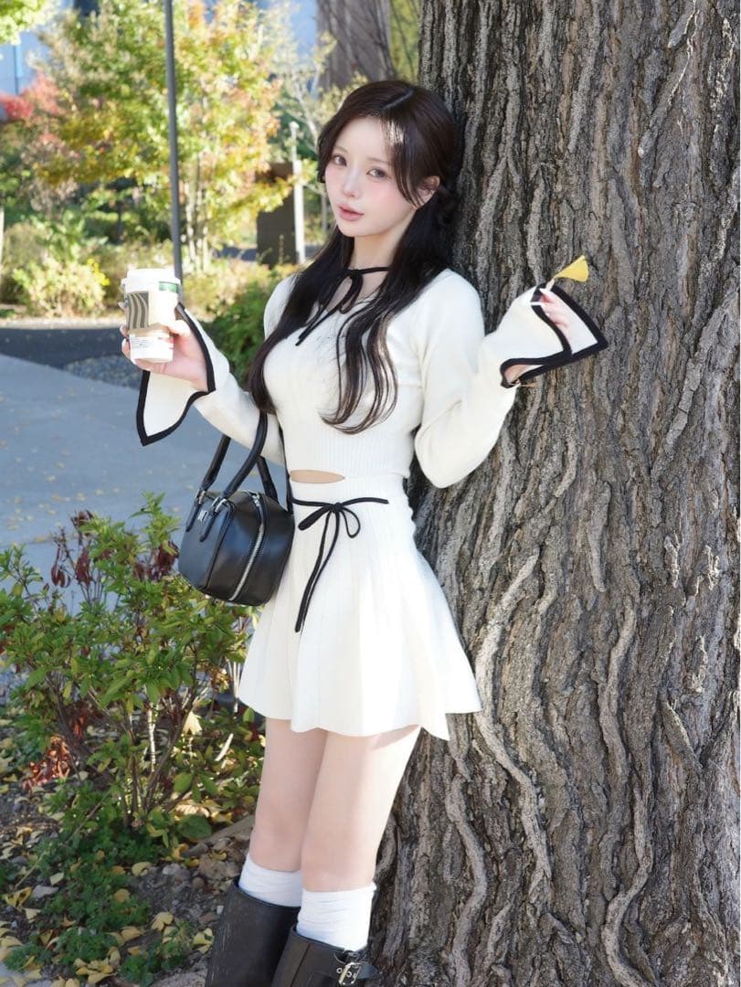 新品タグ ダーリッチ ウエストオープンリボンデザインニットミニワンピース フリー