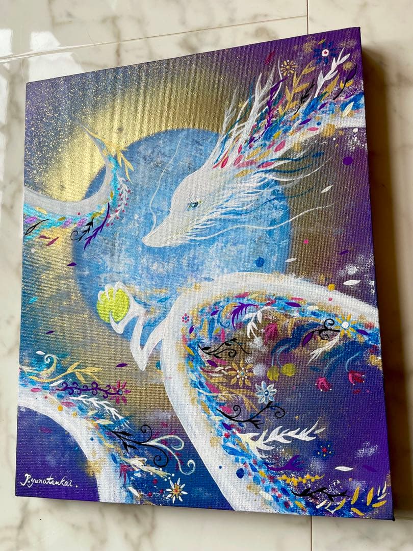 癒しの花龍 開運絵画 ヒーリングアート アクリル画 龍ノツカイ
